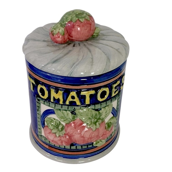 Vintage Canister Tomato Farmhouse Multipurpose Jar Ceramic Blue 3 Cup 5.25” Tall - Picture 3 of 16